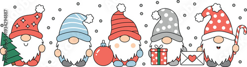 Cute Christmas gnome illustration set, adorable winter Scandinavian tomte characters with gifts and ornaments for holiday shirt, mug, sticker and printable decor