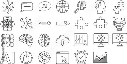 Artificial Intelligence and Machine Learning Line Icons Set with Neural Network Brain Data Analytics and Automation Symbols Isolated on White Background