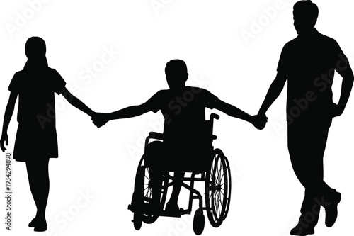 Black silhouette of two adults holding hands with a person in a wheelchair for disability inclusion family support accessibility and strong community bond concepts.