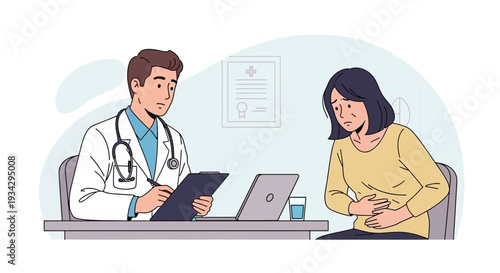 Doctor Consulting Patient with Abdominal Pain in Medical Office