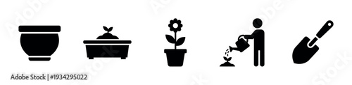 Gardening tools and plant icons depicting the stages of growth and care, including pots, sprouts, flowers, watering, and a trowel.