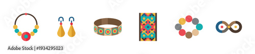 Colorful flat design jewelry, accessories, and patterns collection showcasing various decorative elements.