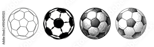 Four different soccer ball illustrations showcasing various artistic styles including outline, solid fill, engraving, and stipple art.