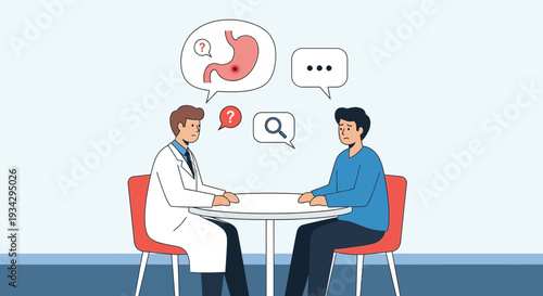 Doctor Consults Patient About Stomach Health, Medical Diagnosis Illustration