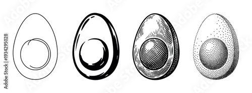 Hard-boiled egg half illustrations showcasing various artistic drawing styles from simple outline to detailed stippling, perfect for culinary design.