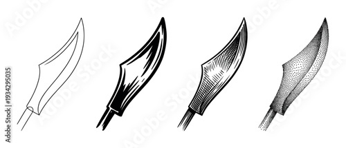 Four different artistic styles of a sharp blade weapon, including outline, solid, hatched, and stippled designs.