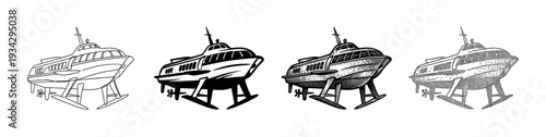 Collection of hydrofoil boat illustrations presented in different graphic styles, including outline, solid, engraved, and stippled.
