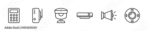Home security smart system devices technology icons representing modern digital protection and automation solutions for residential properties.