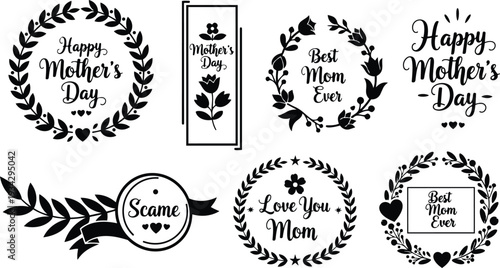 Vintage floral wreath badge set with calligraphy mothers day text and heart ribbon emblems in black vector icons arranged in landscape mockup png svg scalable editable