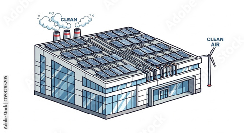 Modern Building with Solar Panels and Wind Turbine.
