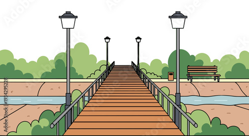 Flat 2D illustration of an empty urban city park pathway with a wooden walkway, street lamps, and a bench in a serene setting.