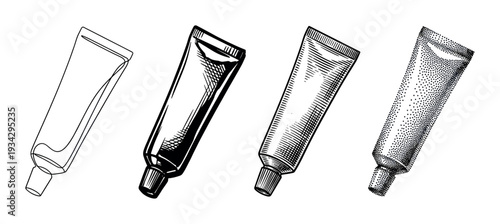 Four cosmetic tubes depicted in various artistic styles including line art, hatching, and stippling, suitable for design elements.