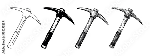 Four different pickaxe illustrations are presented in various artistic styles, including outline, solid, hatched, and stippled designs.