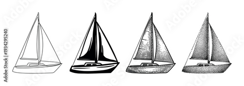 Four distinct sailboats depicted in various artistic illustration styles, showcasing different graphic design techniques for maritime themes.