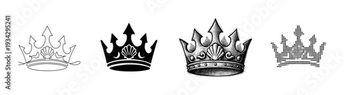 Four distinct royal crowns in various artistic styles, symbolizing power, authority, and elegant regal status.