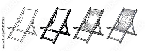 Four vintage style deck chairs in various illustration techniques, perfect for summer vacation and relaxation concepts.
