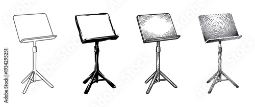 Four different styles of music stands illustrated in black and white, showcasing various artistic techniques for musical equipment.