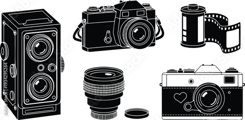 Flat retro camera icons set close up featuring twin lens reflex range finder and compact film camera with separate lens and film roll on white background svg