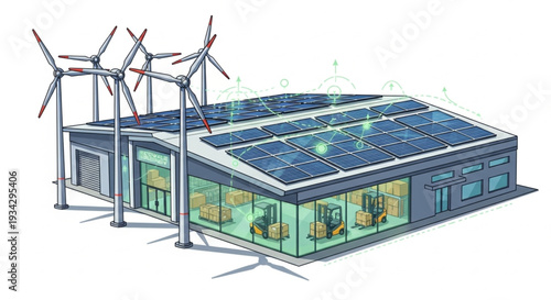 Modern Building with Solar Panels and Wind Turbines.