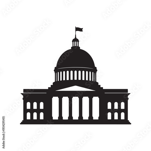 Silhouette of a grand capitol building with a dome and columns, representing government, politics, and national power, on a grey checkered background