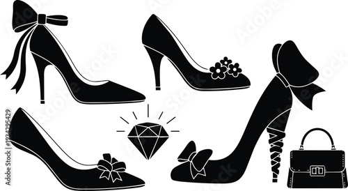 Fashion silhouette close up of black high heel shoes with bows and floral accents beside handbag and shining diamond icon flat vector mockup in studio elegant lighting