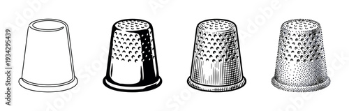 Four thimbles are depicted in a row with various illustrative styles, showcasing different artistic techniques.