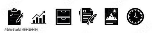Business office planning content management time icons representing various professional tasks and digital functions.