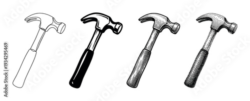 Claw hammers collection featuring various styles of hand drawn tools for construction and repair work.