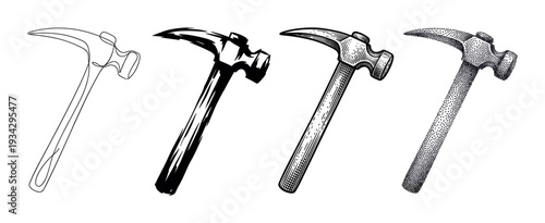 Claw hammer tool illustrations in various artistic styles, from simple line art to detailed stippling.