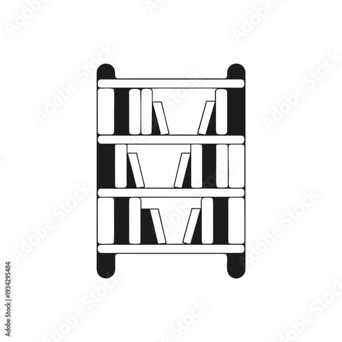 Black and white bookshelf with books on each shelf shelves