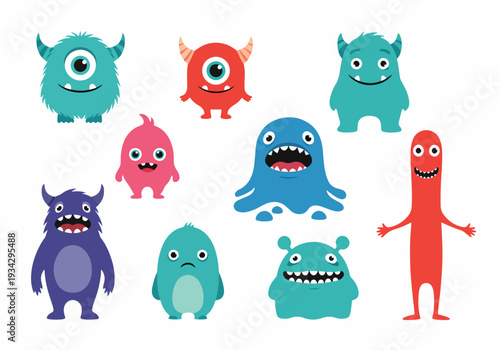 Cartoon monster friends in bright colorful pop art grid layout.