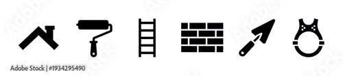 Construction building tools and elements icons representing various aspects of home improvement, renovation, and repair projects