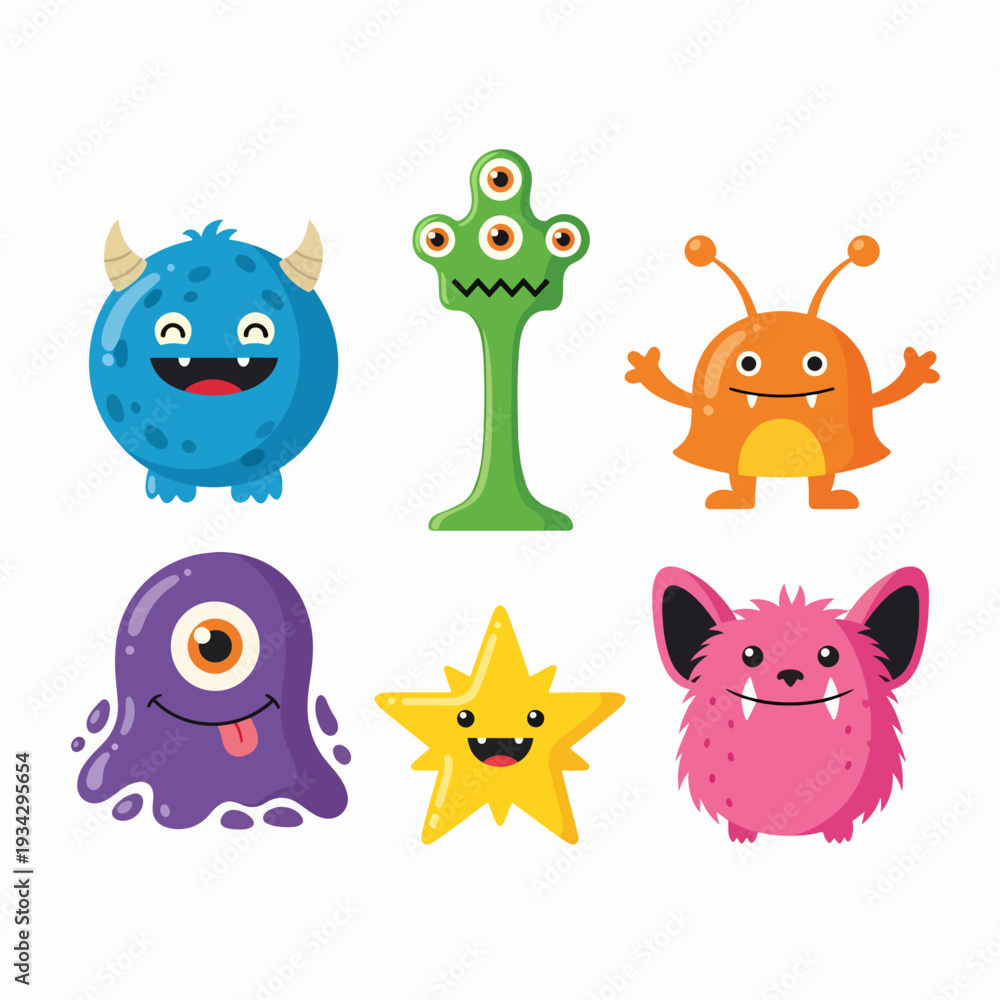 Naklejka premium Adorable fluffy blue creature with horns and spots enjoying sunny yellow backdrop in cheerful style.