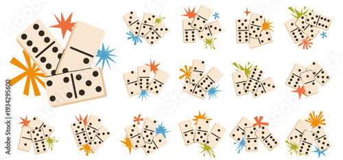 Set of colorful domino game tile compositions with retro starburst accents. This collection features ivory tiles in various group clusters, perfect for board game and gambling designs.