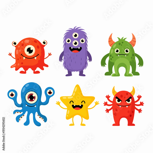 Photography Whimsical monster party illustration featuring four colorful creatures in modern flat design squares