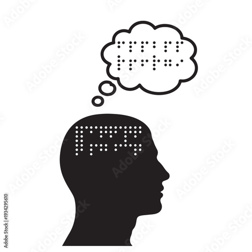 Silhouette profile of human head with thoughts in bubble showing braille writing, representing communication, understanding, thinking, and sensory perception for disabled or visually impaired.