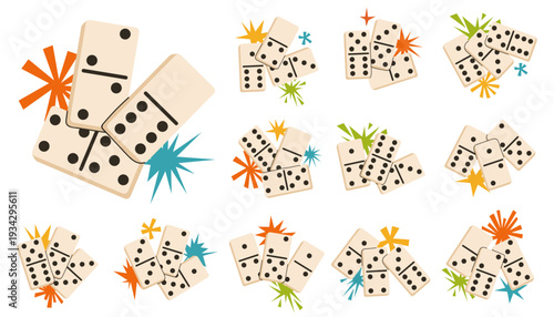 Set of ivory-colored domino tile clusters with vibrant retro starburst accents. This collection features a variety of tile combinations and playful layouts, ideal for board games.