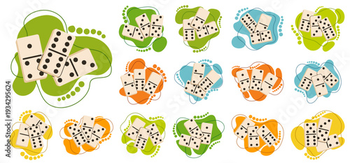 Set of ivory domino tile clusters on colorful abstract organic backgrounds. Game covers, various game piece combinations with vibrant splash shapes, ideal for board game and leisure designs.