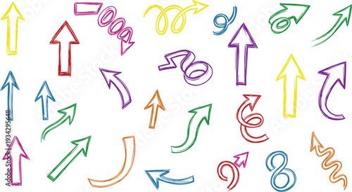 Colorful Hand Drawn Arrow Doodle Vector Set Featuring Curved Straight and Swirl Directional Arrows in Sketch Style Isolated on White Background for Infographic and Web Design