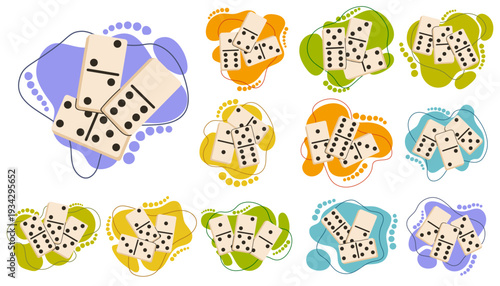 Set of game covers with ivory domino tile clusters on colorful abstract organic backgrounds. Various game piece combinations with vibrant splash shapes, ideal for board game and leisure designs.