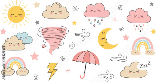 Cute Weather Cartoon Vector Set Featuring Sun Moon Clouds Rainbow Tornado Umbrella Lightning and Wind Elements in Pastel Kawaii Style for Kids Nursery Design