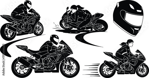 High contrast vector motorcycle illustrations showing low angle sportbike riders leaning in sharp curves with helmets visible action poses and landscape layout suitable for svg png mockup