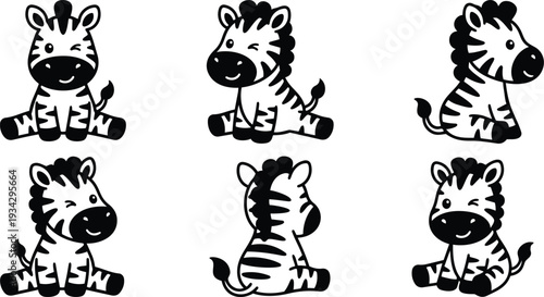Cute hand drawn zebra character set six poses winking sitting profile back view playful baby animal stickers vector style bold black white simple shapes high contrast