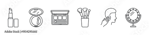Makeup and beauty icons set featuring various cosmetic products and tools for personal care and glamour routine.