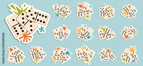 Set of retro-style domino stickers with colorful starburst accents. This collection features ivory tiles in various group clusters, perfect for board game, leisure, and casino designs.