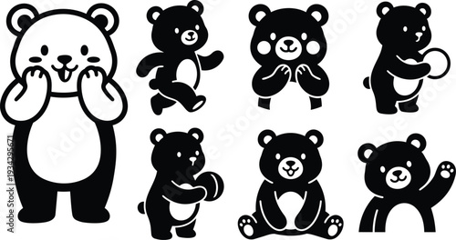Cute black white flat vector bear characters set showing smiling standing waving sitting holding ball in playful kawaii style front close up simple outline friendly icons