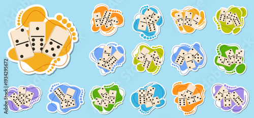 Set of domino sticker icons on colorful abstract backgrounds for games. This collection features ivory tiles in various group clusters, perfect for board game, leisure, and app UI designs.