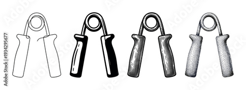 Hand grippers set of four distinct styles illustrating various artistic techniques for strength training.