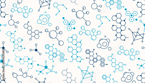 Seamless pattern of blue chemical molecules and honeycomb structures. This scientific background features diverse abstract formulas and DNA-like clusters, ideal for medicine and biotech.