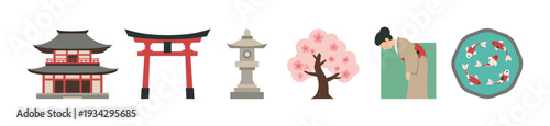 Japanese cultural elements, symbols and traditions collection presented as a set of flat design icons representing the country's rich heritage.